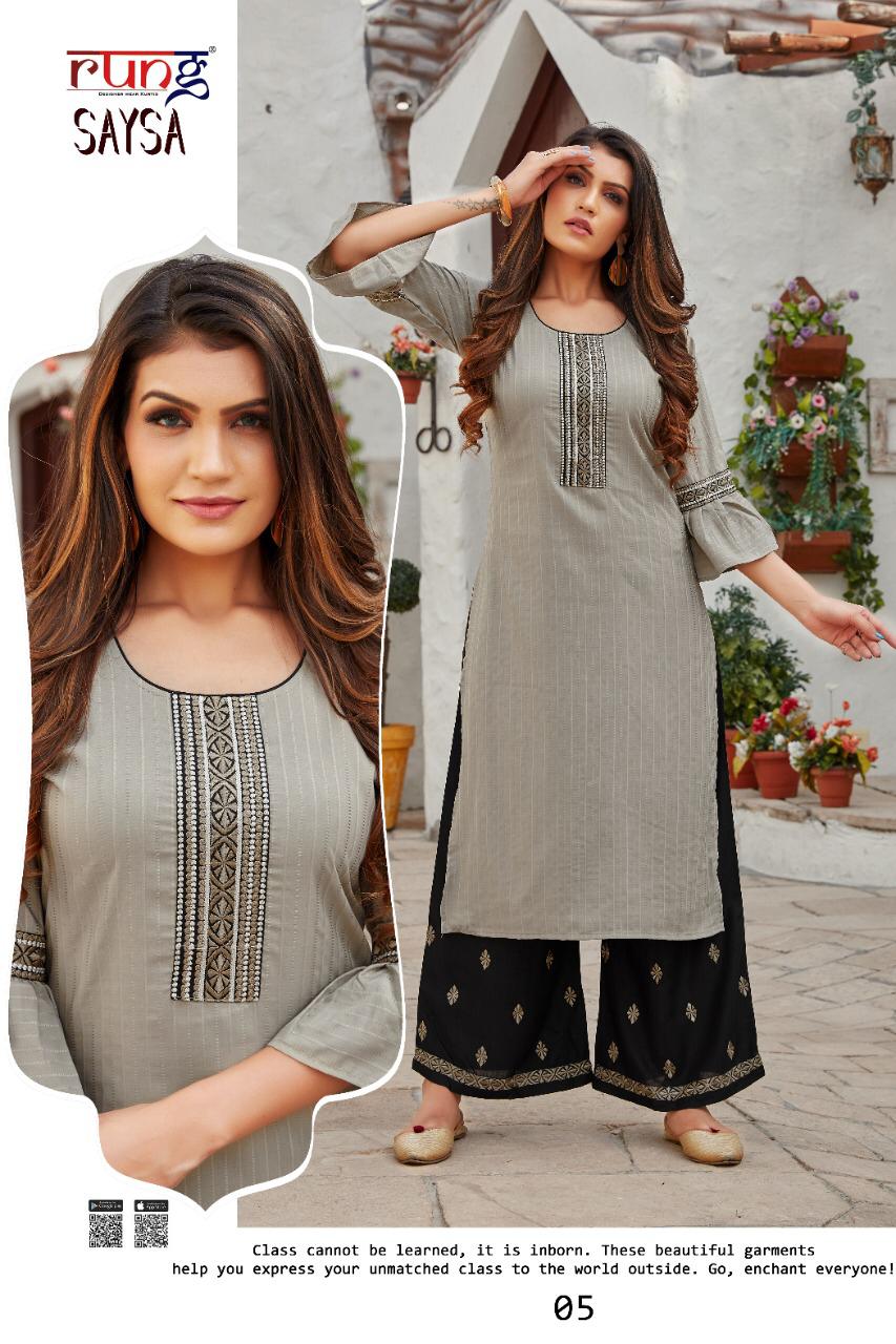 Rung Sasya Heavy Slub Latest Fancy Designer Casual Wear  Lining With heavy Hand Work Rayon With Embroidery Work Western Kurti With Bottom Collection